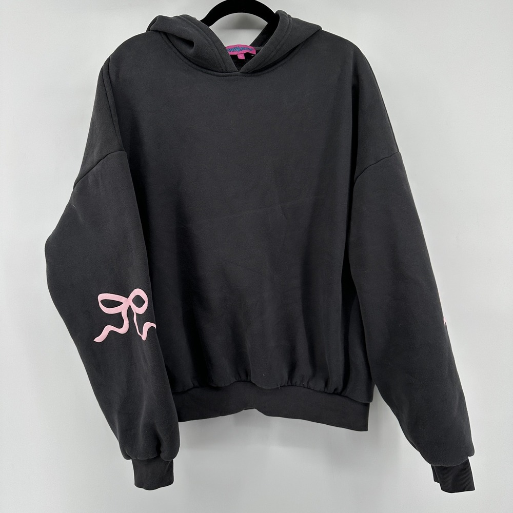 Edikted Charcoal Grey Pink Bow Sleeve Graphic Hoodie Sweatshirt Large